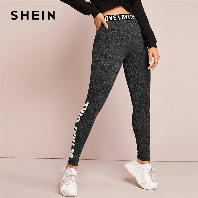 Ceny SHEIN czarne litery drukuj graficzne Marled legginsy damskie spodnie wiosna elastyczna talia odzież sportowa Casual Ladies Basic spodnie