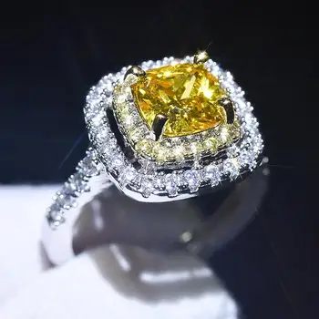 

Luxury square yellow crystal citrine gemstones diamonds rings for women white gold silver color bague luxury jewelry party gifts