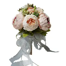 Ретро деревенский стиль невесты букеты Искусственные пионы поддельные розы свадебные держа цветок Длинные ленты Кружева вечерние украшения
