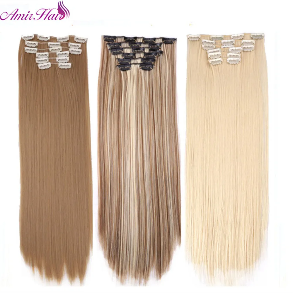 Amir Long Straight Clip in Hair Extensions 22Inch For White Or Black Women Synthetic False Hair Pieces Ombre Natural Dark Brown