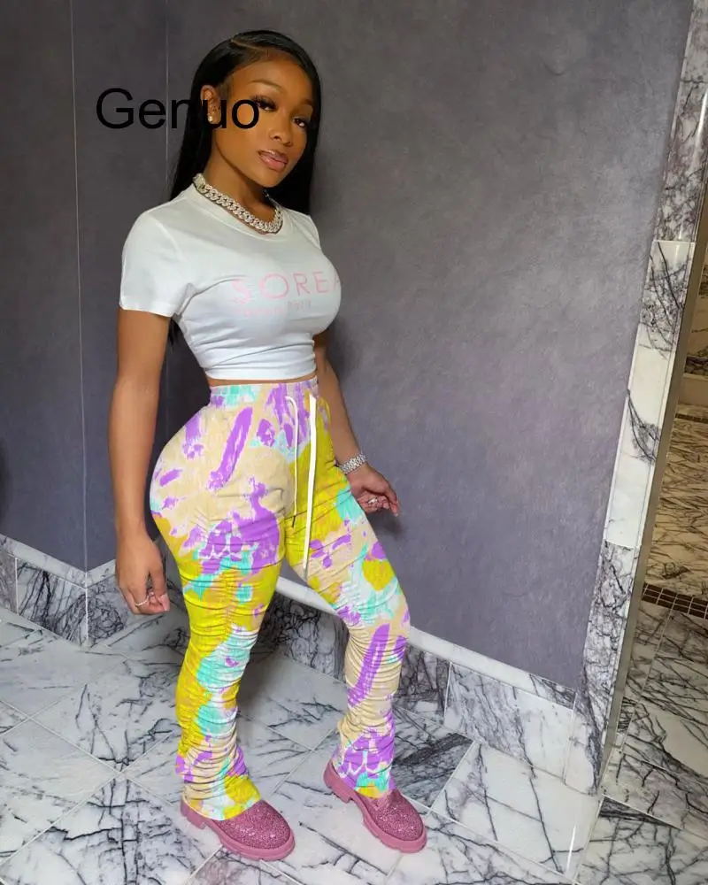 Colorful High Waist Ruched Stacked Leggings Pants Women Joggers 2020 Elastic Summer Bell Bottom Trouser Flare Sweatpants