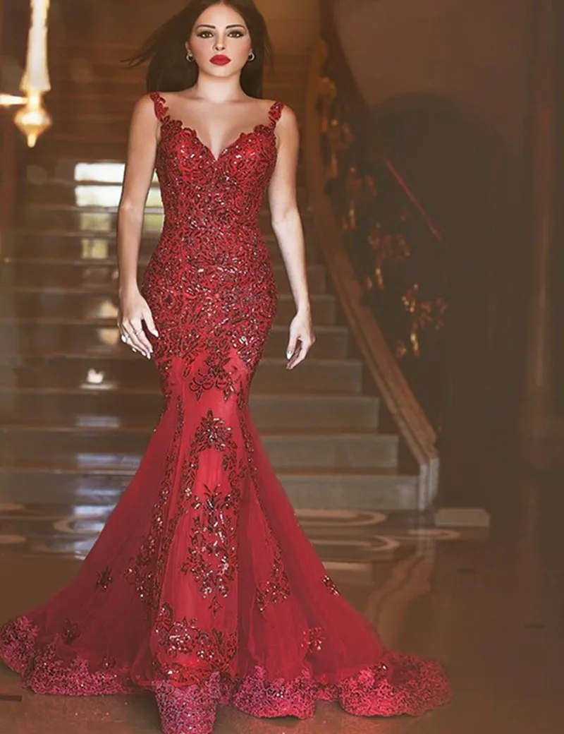 

Abendkleider 2016 Sexy Sweetheart Backless Long Mermaid Red Lace Evening Dresses With Crystals Women Special Occasion Dress