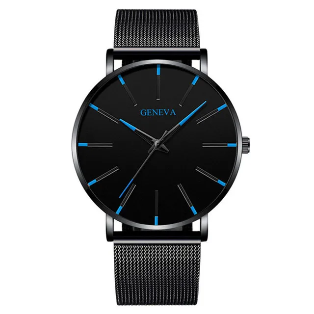 2021 NEW Watch Men Stainless Steel Mesh Belt Quartz Minimalist Ultra Thin Watches Men's Sports Leather Watch relogio masculino Mesh Black Blue