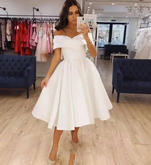 

Simple Short Wedding Dress Satin Knee Length 2022 Pleat Off Shoulder Bridal Gown For Women Brides Elegant Cheap Robe De Mariee