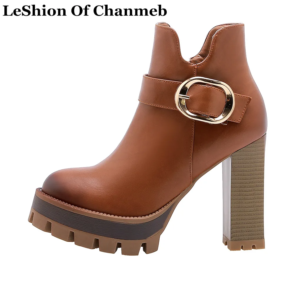 

women's size 33-42 gold metal buckled belt zipper chunky ankle boots woman platforms thick high heeled Motorcycle boots footwear