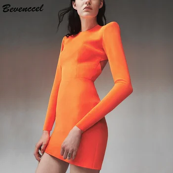 

Bevenccel 2020 New Spring Long Sleeve Bandage Dress Women O Neck Backless Sexy Celebrity Mini Evening Party Dress Runway Vestido