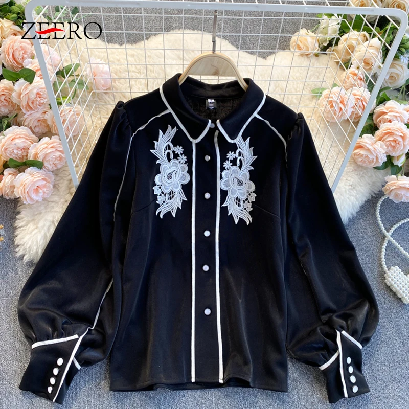 

Spring Autumn Women Clothes Lace Embroidery Balck Blous Female Lantern Sleeve Buttons Lapel Vintage Court Style Blouse Shirt Top