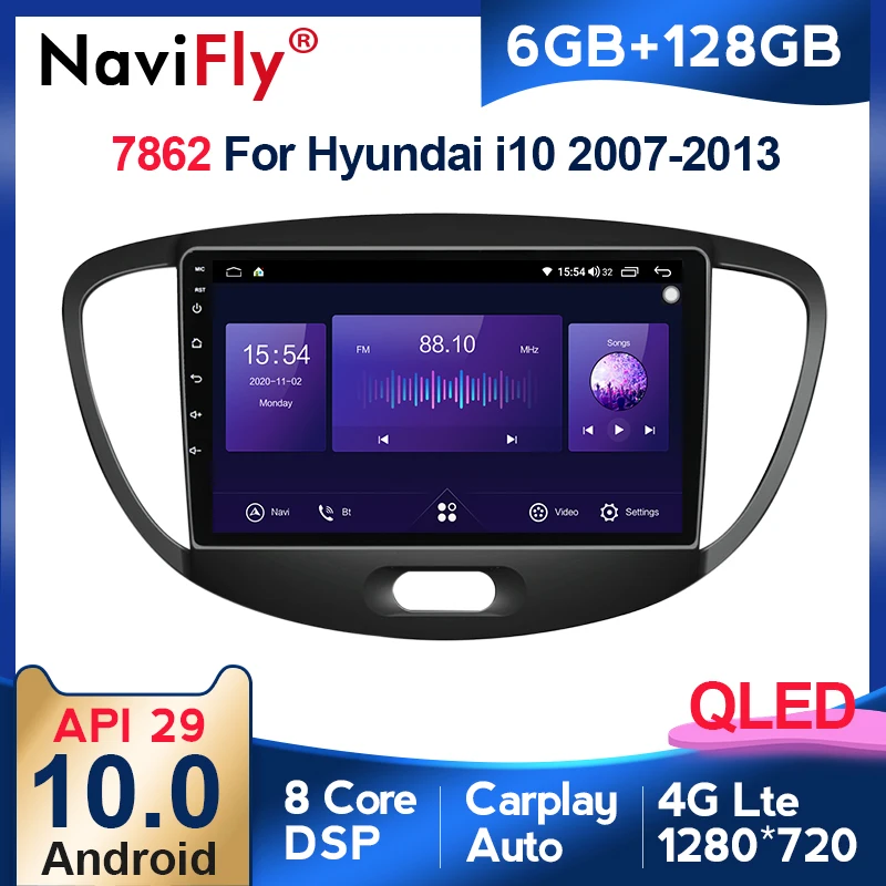 Автомобильное радио аудио мультимедийный плеер NaviFly 6 ГБ + 128 QLED Android 10 для Hyundai i10