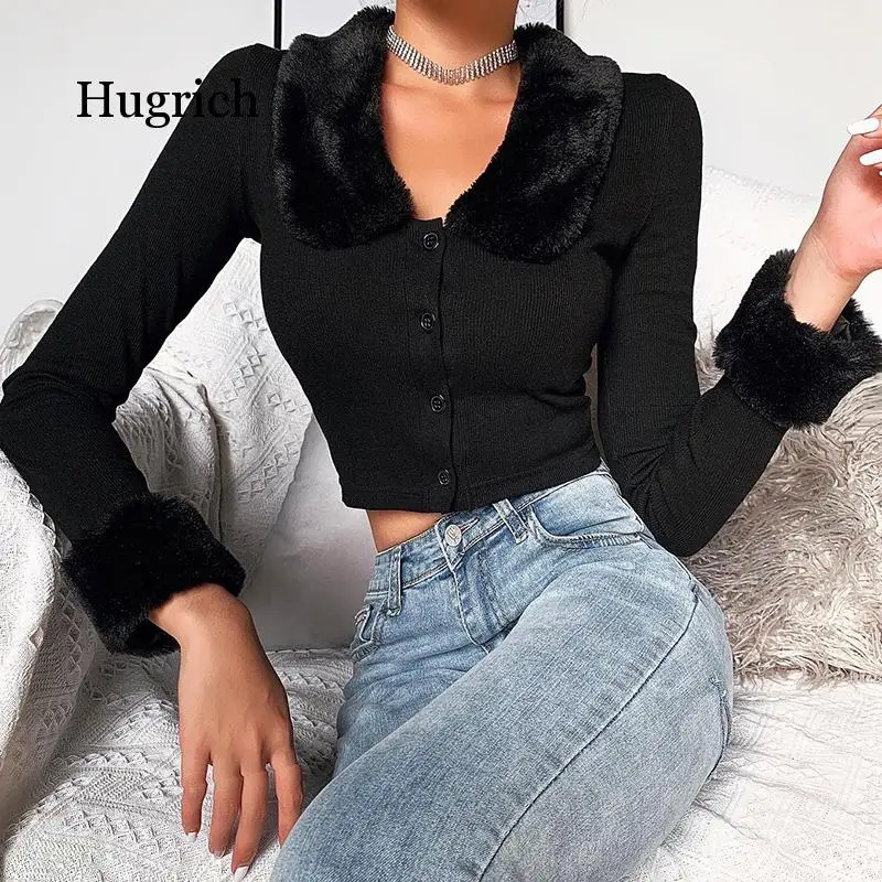 

Black Fluffy Turn-Dwon Collar Long Sleeve Button Autumn Women Shirt Cropped Top Slim Elastic Cotton Casual Soft Top