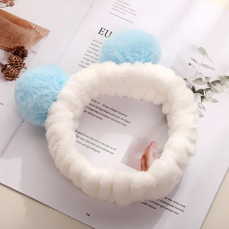 Elastic Cute Panda Ear Soft Carol Fleece Headband for Women Makeup Shower Washing Face Spa Mask Head Wraps - Color: Blue