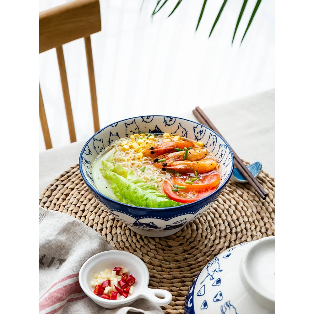 1100ml cat printed 7 inch soup bowls Japan style large capacity noodles ramen bowl cartoon under glazed cutlery