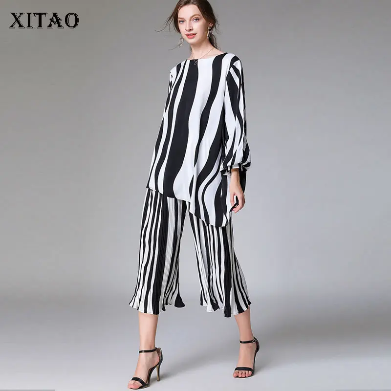 

XITAO Chiffon Two Piece Set Striped Irregular Full Sleeve Pullover Elastic Waist Full Length Pants 2020 Spring Summer DMY4147