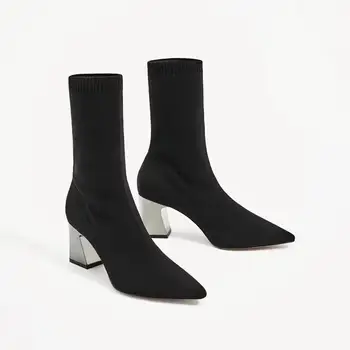 

spring and autumn new short boots for women's thick heel elastic pointed knitted socks and boots, net red high heel medium