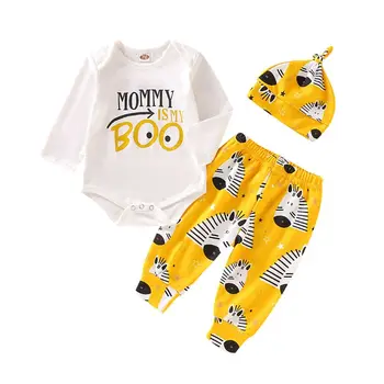 

3pcs Set Baby Cotton Long Sleeve Funky Tops Romper+Long Pants+Hat Outfits 0-18M