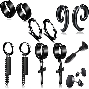 

1 Set 8 Pair Different Types Shape Unisex Black Color Stainless Steel Piercing Earring For Women Men Punk Gothic Barbell Earring