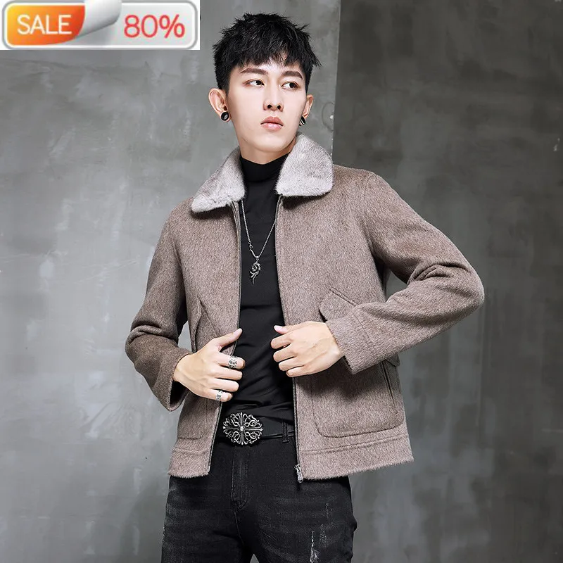 

Spring Autumn Wool Coat Men Double-sided Alpaca Jacket Mink Fur Collar Mens Coats and Jackets Overcoat 1970B B23A59