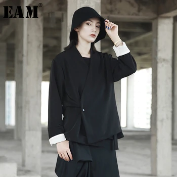 

[EAM] Loose Fit Black Bandage Temperament Thin Jacket New V-collar Long Sleeve Women Coat Fashion Tide Spring 2020 JR504