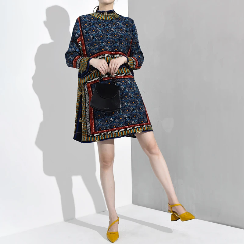 LANMREM Новая модная женская рубашка с длинным рукавом женские толстовки Vestido с круглым воротником винтажные женские платья с принтом