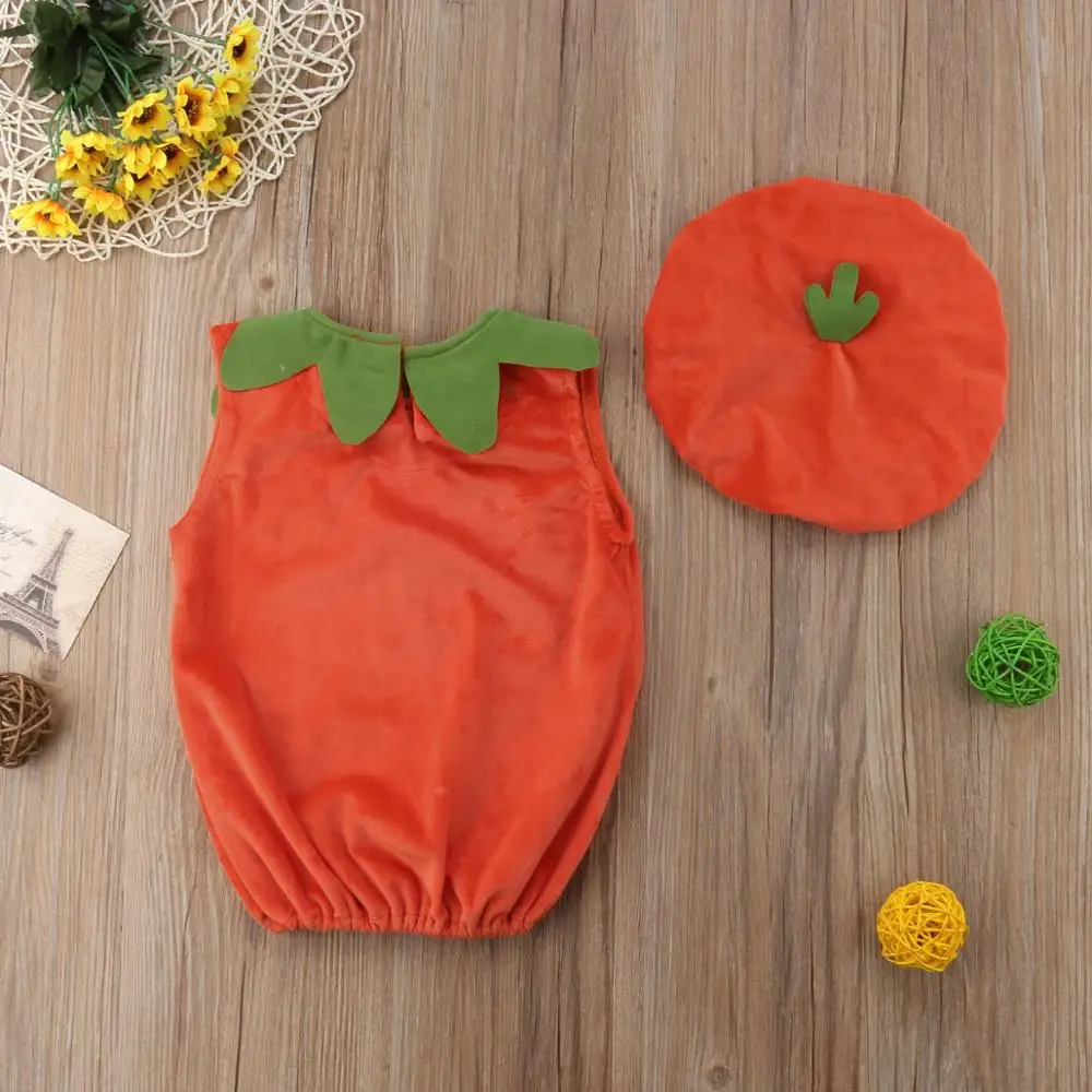 Spring Autumn Toddler Baby Clothes Suits Kid Pumpkin Print Sleeveless Romper Jumpsuits Tops+Hats Infant Clothes 2PCS 0-3T A0021