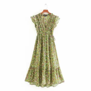 

New 2020 women sweet v neck print chiffon midi dress elegant agaric lace ruffles vestidos chic brand party summer dresses DS3581