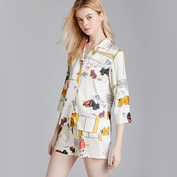 

Sexy Lady Pajamas Suit Pijamas Satin Sleepwear Cute Printed Shirt&Shorts Cartoon Nightwear Kimono Bathrobe Gown Loose Sleep Set