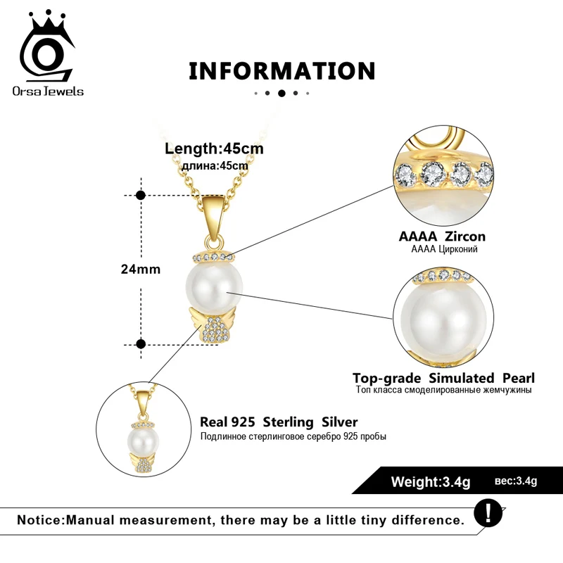 ORSA JEWELS подвеска «эльф» из стерлингового серебра с ангелом, ожерелье из чистого АААА циркона и жемчуга, ожерелье с подвеской золотого цвета, ювелирные изделия SN194