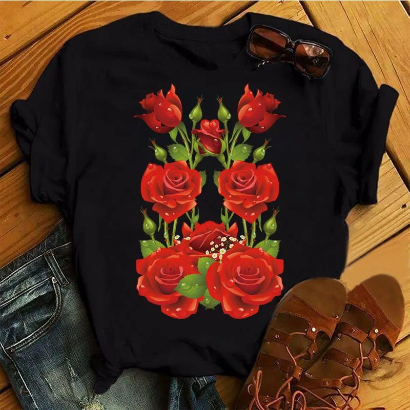 NewWomenBlackTShirtRedRoseFlowerPrintedTShirtFashionFemale