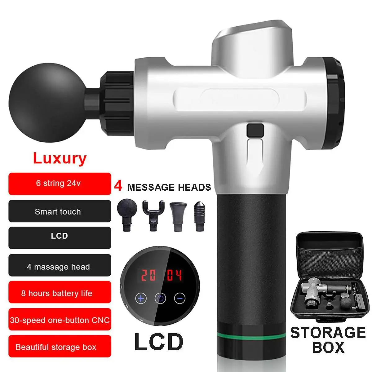 

Therapy Massage Guns 3 Gears Muscle Massager Pain Sport Massage Machine Relax Body Slimming Relief 4 Heads With Bag LCD Touch