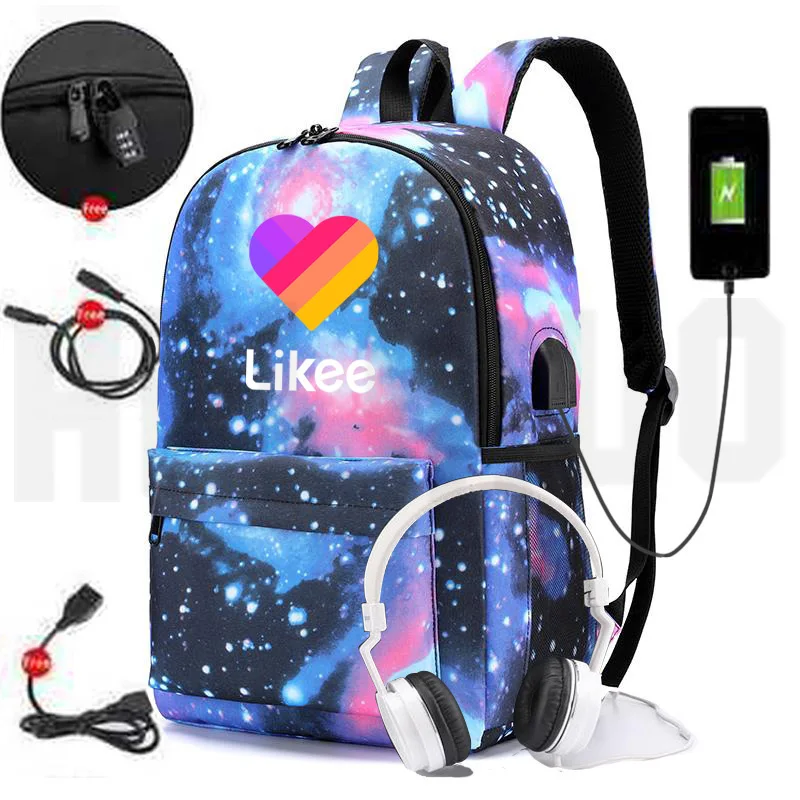 

Russia Likee App "LIKEE 1 (Like Video)" Backpack USB Charging Bags Men Anti-theft Heart Cat School Bags for Teenage Girls