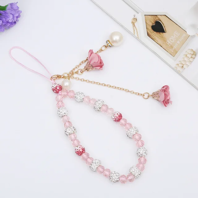 Shellnail Mobile Phone Lanyard Short Hand Strap for Key USB Diamond Bracelet Phone Case Flower Pendant DIY Tassel Phone Straps pink