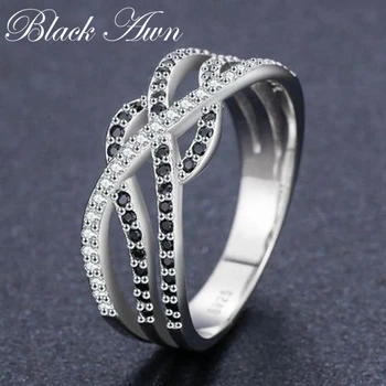 

Trendy 2.6g 925 Sterling Silver Fine Jewelry Bague Black Spinel Engagement Rings for Women Girl Party Gift Bijoux C448