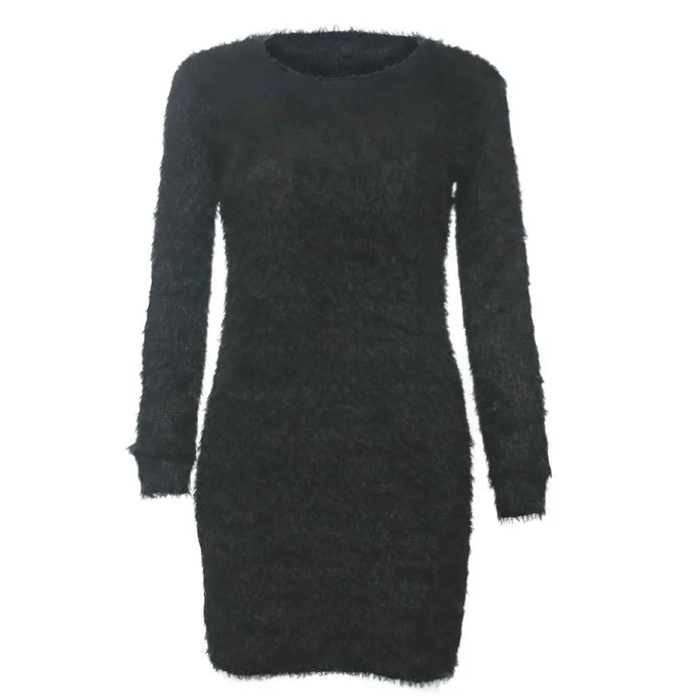 Женское приталенное повседневное зимнее однотонное платье с длинным рукавом и круглым вырезом, флисовое теплое базовое короткое зимнее платье#15