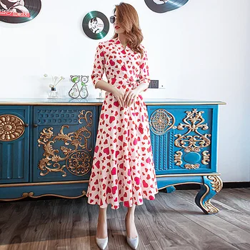 

High Quality Spring 2020 New Women'S Fashion Workplace Party Casual Vintage Elegant Chic Heart Print V-Neck Midi Chiffon Dress