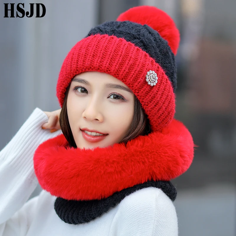 Зимняя женская двухцветная вязаная шапка и толстый плюшевый шарф, комплект из 2 предметов, теплые шапки-бини с помпоном, женская шапка с защитой шеи