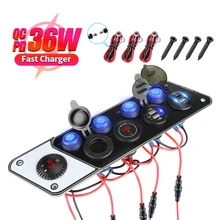 36W QC3.0 & PD Quick Charge 12-24V Voltmeter Digital Clock Cigar Lighter Power Outlet 5 Hole Panel Switch Car USB Charger Socket