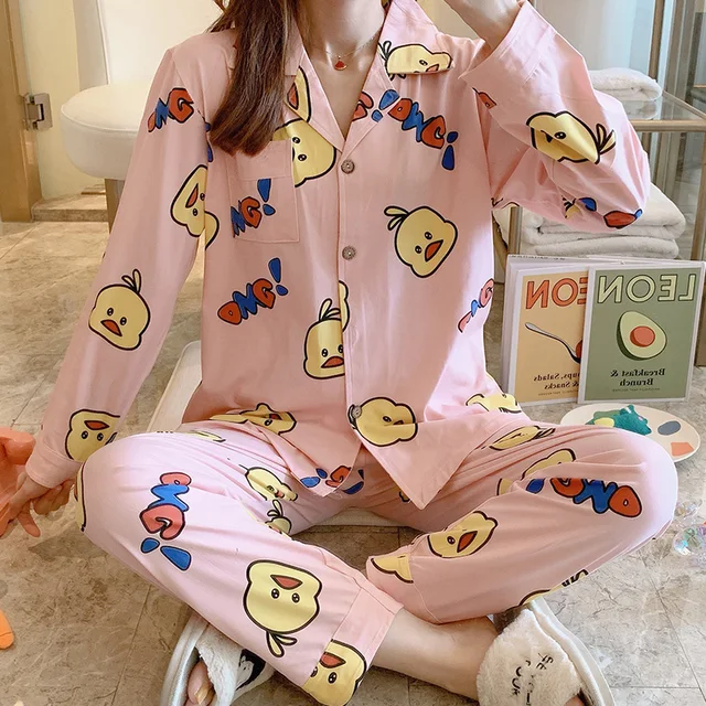 CAIYIER Autumn Winter New Sleepwear Set Women Turn-down Collar Pajamas Cute Cartoon Pattern Button Top+Pants Leisure Home Wear 908-1