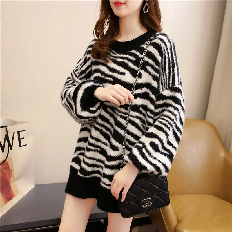 

Zebra Print sweater women's loose wear new autumn / winter 2020 mesh red versatile lazy round neck Pullover