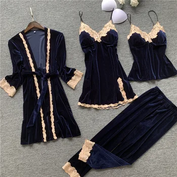 

Navy Blue Women Pajiamas 4PCS Sleep Set Sexy Nightwear Soft Velour Sleepwear Lingerie Soft Autumn Winter Kimono Bathrobe Gown