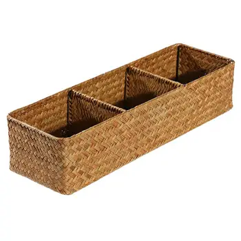 

1pc Delicate Storage Box Three Compartment Box Lattice Straw Box Rectangular Case For Office Desktop Home Room