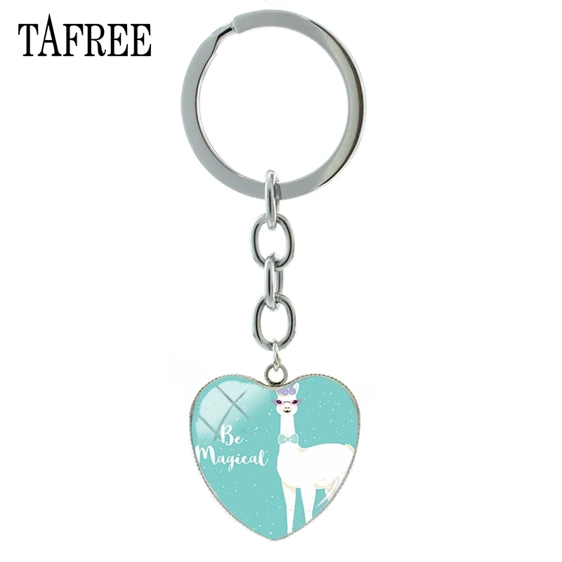 

TAFREE Lovely White Alpaca Heart Pendant Keychain Glass Cabochon Cartoon Animal Metal Car Key Chain Key Ring Holder YT02