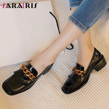 

SARAIRIS Brand New Female Fashion Metal Decoration Chunky Heels Pumps Spring Casual Pumps Women Genuine Leather Shoes Woman