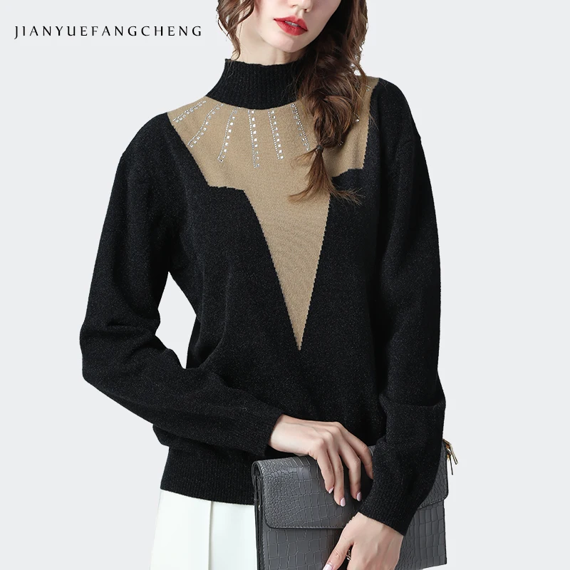 

Office Ladies Turtleneck Pullover Women' Sweater Diamonds Beading Triangle Color Block Long Sleeve Autumn Winter Knitted Tops