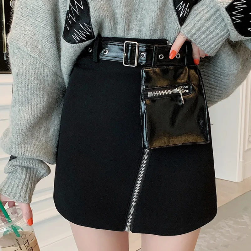 DEAT Autumn And Winter New Products Fashion Solid Color High Waist Zipper A Word Bag Hip Half Skirt Female PB165