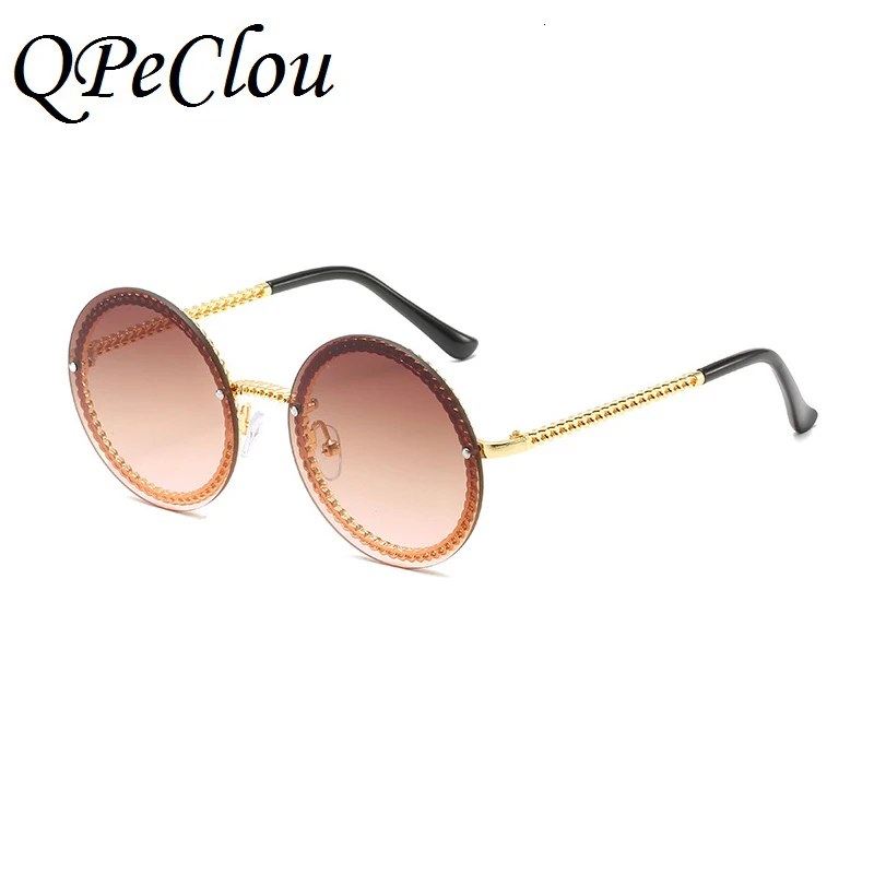 QPeClou модные круглые солнцезащитные очки с цепочкой женские металлические брендовые дизайнерские солнцезащитные очки мужские черные очки не включена цепочка - Цвет линз: Brown0739