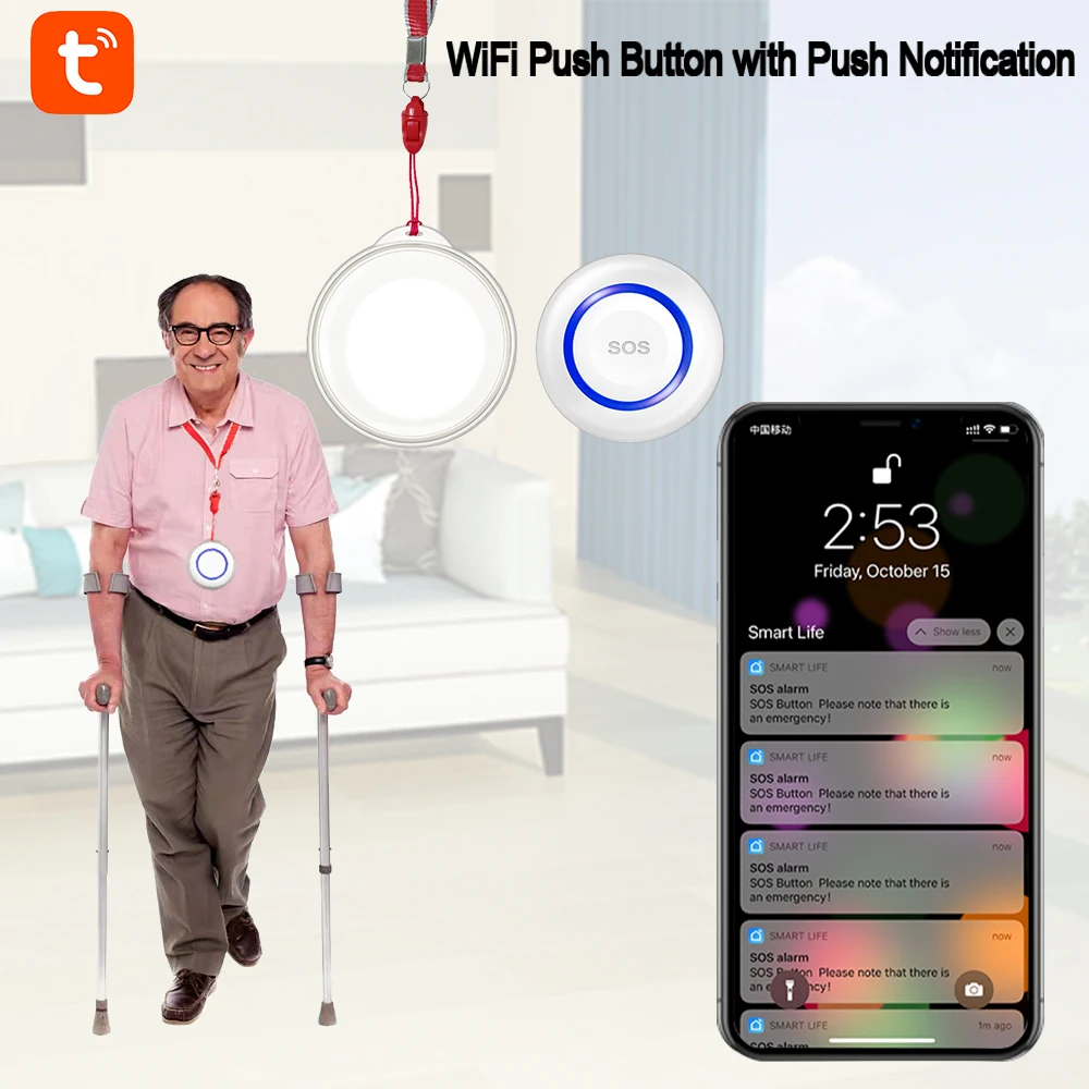 Tuya WiFi SOS Alarm Button Battery Rechargeable Elderly Emergency Panic Button Old Man Personal Self-Defense Smart Life App Push medical alert button emergency alarm button