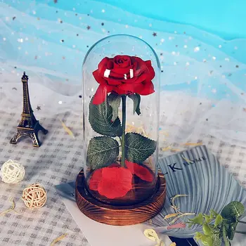 

Eternal Rose Flower Red Silk Rose and LED Light with Fallen Petals in Glass e on a Wooden Base BEST Gift for Valentine's Day