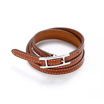 

Hot Brand Stainless Steel Multi Double layer Bangle Blue Yellow Red Green Color Real Cowhide Leather Bracelets For Women DJ1380