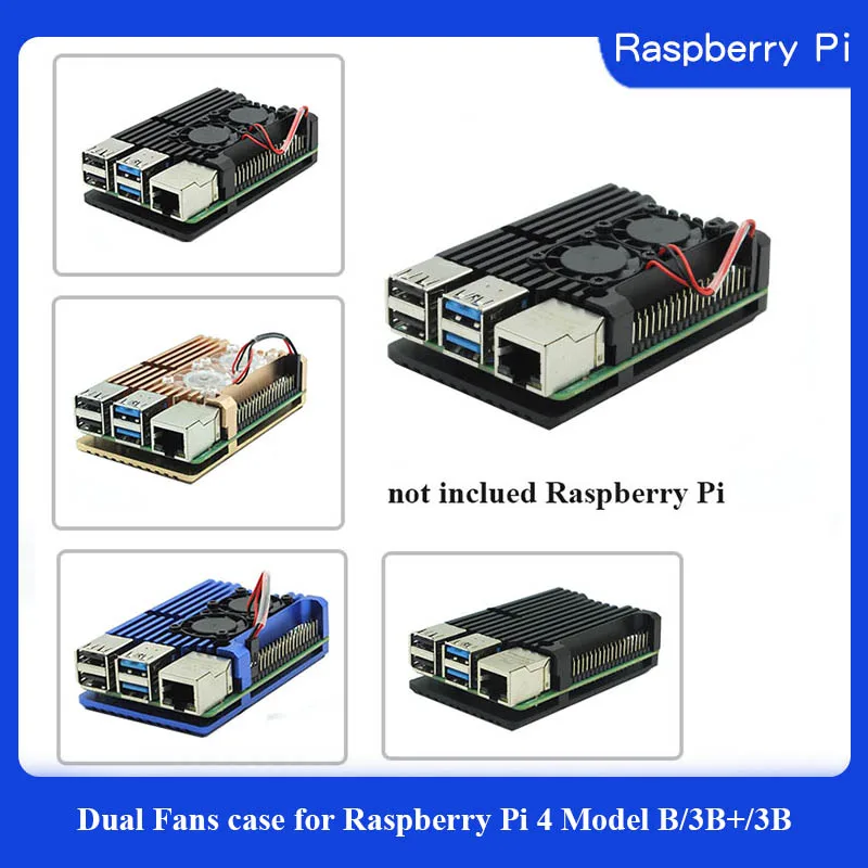 Двухвентиляторный Алюминиевый металлический чехол Raspberry Pi 4 Модель B/3B +/3B цвета с