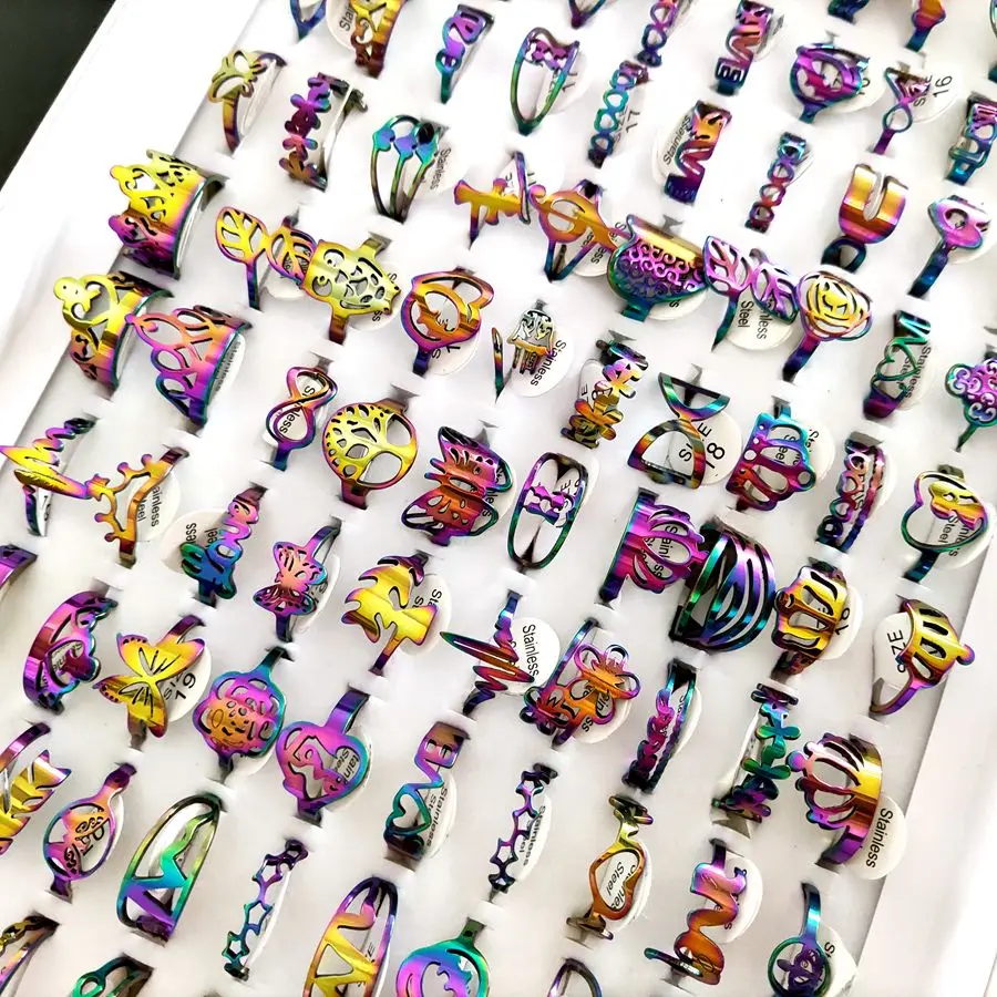 Wholesale Bulk 100pcs/lot Laser Cutting Pattern Mix Stainless Steel Rings Women Party Ring 3