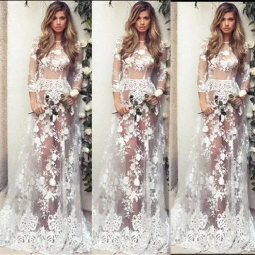 Hirigin Spring Autumn Womens Dress Floral Lace Crochet Maxi Long Sleeve See Through Mesh Sheer Party Beach Sarong Sundress